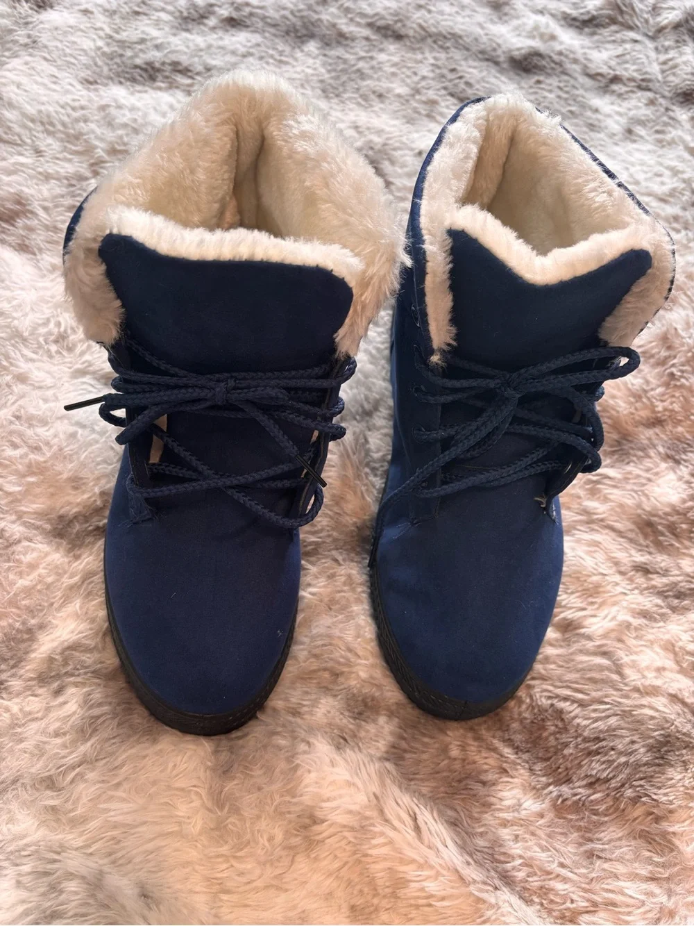 Women's Navy Faux-Fur Lined Winter Lace-Up Ankle Boots
